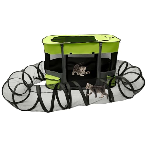 Welpenauslauf Faltbar Welpenlaufstall Tierlaufstall Wasserdicht Katzengehege mit Tunnel Laufstall Hund Bissfest Hundelaufstall Rundum-Belüftungssystem für Kleine Hunde Katzen(grün) von BOBASH