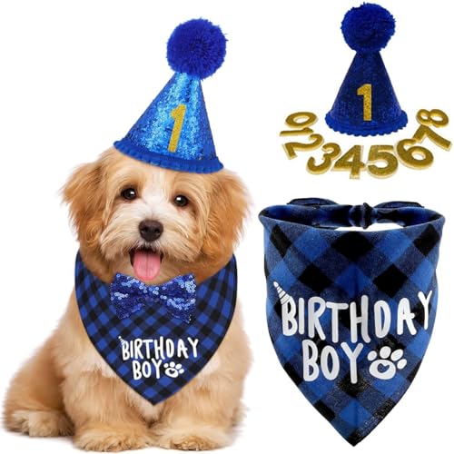 Hunde Geburtstag Hut Bandana Set,Hunde Geburtstagsparty Zubehör Niedliches mit niedlicher Hunde-Fliege Hunde Geburtstags Kronenhut mit Zahlen Hundegeburtstagsgeschenk, Hund Geburtstag Deko (Blau) von BOBOZHONG