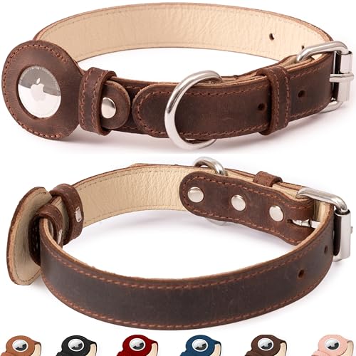 Hundehalsband aus echtem Leder mit Apple-AirTag-Halterung für kleine, mittelgroße und extra große Welpen, Metallschnalle, strapazierfähig, genarbtes weiches Leder, gepolstert, Dunkelbraun, M, Hundehalsband aus echtem Leder mit Apple-AirTag-Halterung für kleine, mittelgroße und extra große Welpen, Metallschnalle, strapazierfähig, genarbtes weiches Leder, gepolstert, Dunkelbraun, M, von BODDE