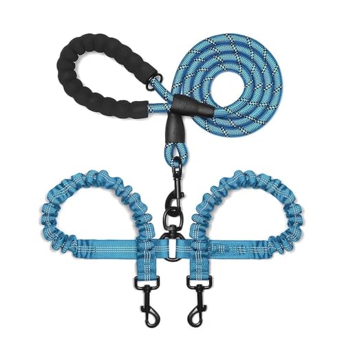 Doppelleine für Haustiere, elastisches Seil, zwei Köpfe, Nylon, 2-Wege-Koppler, Spaziergang, zwei Hundehalsbänder, Geschirr, Leinen, Hundeleine (blau) von BODOBTF