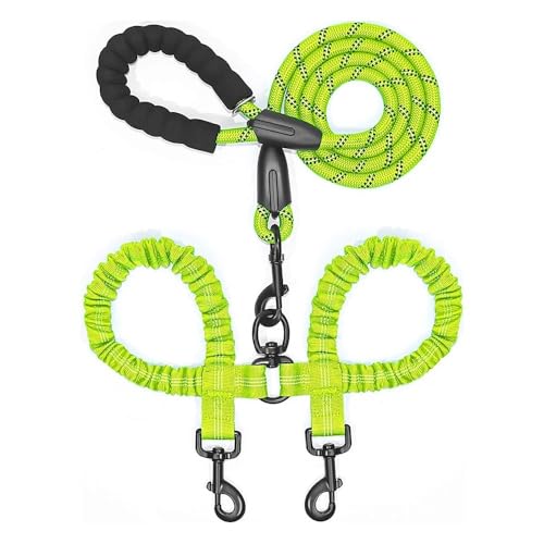 Doppelleine für Haustiere, elastisches Seil, zwei Köpfe, Nylon, 2-Wege-Koppler, Spaziergang, zwei Hundehalsbänder, Geschirr, Leinen, Hundeleine (grün) von BODOBTF