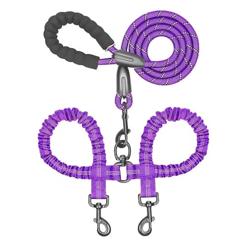Doppelleine für Haustiere, elastisches Seil, zwei Köpfe, Nylon, 2-Wege-Koppler, Spaziergang, zwei Hundehalsbänder, Geschirr, Leinen, Hundeleine (lila) von BODOBTF