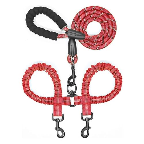 Doppelleine für Haustiere, elastisches Seil, zwei Köpfe, Nylon, 2-Wege-Koppler, Spaziergang, zwei Hundehalsbänder, Geschirr, Leinen, Hundeleine (rot) von BODOBTF