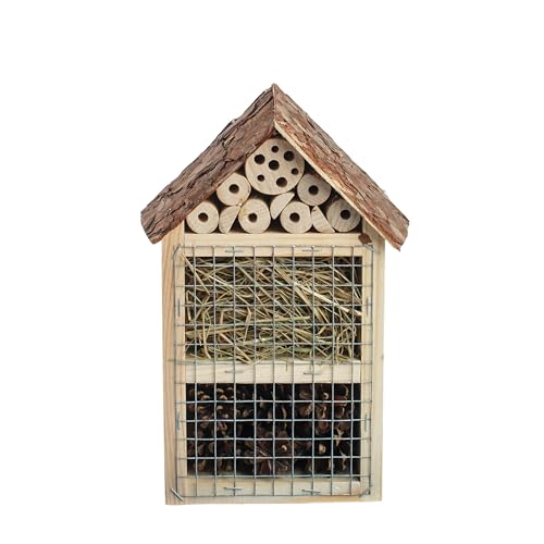 BOGATECO Bienenhotel Insektenhotel - unbehandelt, Bienenhaus aus Massiv-Holz für Bienen, Marienkäfer & Florfliegen, Insektenhaus & Nisthilfe zum Aufhängen (Holz-Dach) von BOGATECO