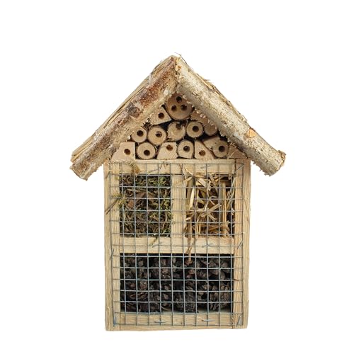BOGATECO Bienenhotel Insektenhotel - unbehandelt, Bienenhaus aus Massiv-Holz für Bienen, Marienkäfer & Florfliegen, Insektenhaus & Nisthilfe zum Aufhängen (Stroh-Dach) von BOGATECO