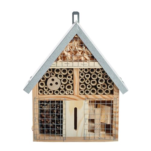 BOGATECO Insektenhotel aus Naturholz & Metall, zum Aufhängen für Bienen, Marienkäfer, Florfliegen & Schmetterlinge (M - 29,5cm x 21cm x 7,5cm) von BOGATECO