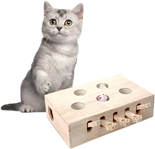 BOHJPIS Interaktives Katzenspielzeug Holz Spielzeug, Maulwurf Maus, Puzzle Box mit Spielzeugen für Katzen, Jagd, Spielen, Trainieren Kratzen 5 Löcher perfekt für Indoor-Übung und Spaß (Holzfarbe) BOHJPIS Interaktives Katzenspielzeug Holz Spielzeug, Maulwurf Maus, Puzzle Box mit Spielzeugen für Katzen, Jagd, Spielen, Trainieren Kratzen 5 Löcher perfekt für Indoor-Übung und Spaß (Holzfarbe) von BOHJPIS