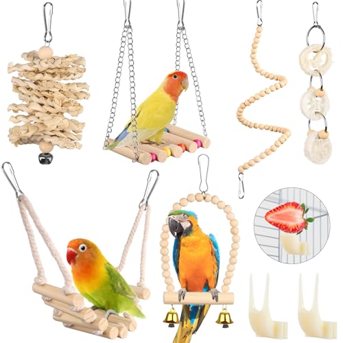 Vogel-Papageien-Spielzeug, zum Aufhängen Vogelkäfig-Zubehör Spielzeug,Papageienschaukel, Leiter, Kauspielzeug, Hängematte für Sittiche, Liebesvögel, Finken und andere kleine Haustiere 8 Pcs von BOHJPIS