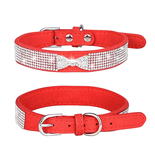 Bling Hundehalsband, Fliege, leichtes Strass-Welpenhalsband für kleine Welpen (Rot, Größe 2XS) von BONAWEN