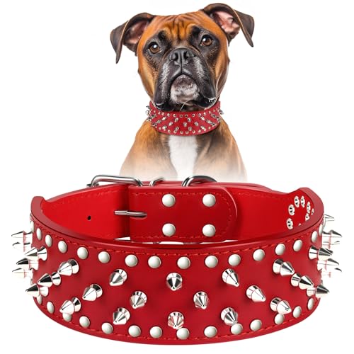 Bonawen Hundehalsband, echtes Leder, mit Nieten, Pitbull, Lab, Dobermann, Boxerhalsband, 5,1 cm Breite (rot, XS) von BONAWEN