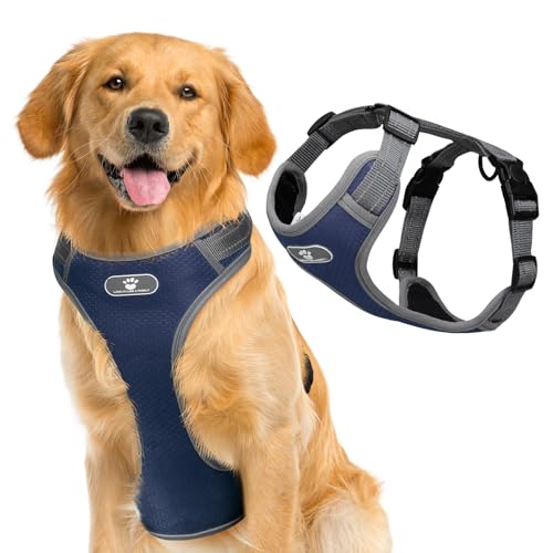 Hundegeschirr, atmungsaktiv, reflektierend, verstellbar für kleine, mittelgroße und große Hunde (Marineblau, XL) von BONAWEN
