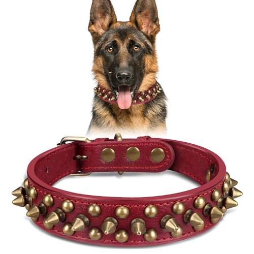 Hundehalsband aus Leder mit Nieten, weich und verstellbar für kleine, mittelgroße und große Hunde (rot, L) von BONAWEN