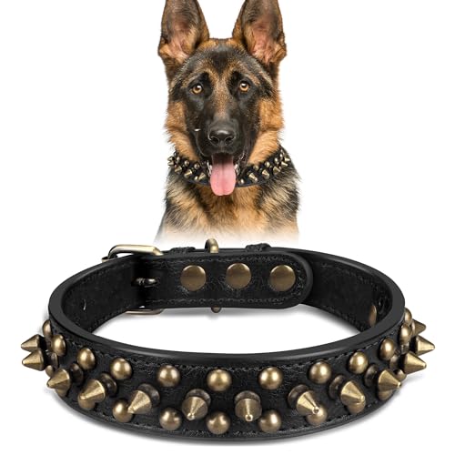 Hundehalsband aus Leder mit Nieten, weich und verstellbar für kleine, mittelgroße und große Hunde (schwarz, L) von BONAWEN