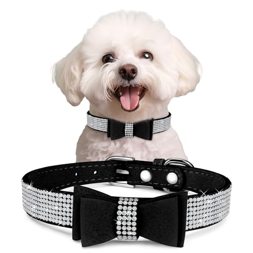 Kristall-Hundehalsband mit Fliege, weiches Welpen-Halsband für extra kleine, kleine, mittelgroße Hunde (Schwarz, Größe 2XS) von BONAWEN