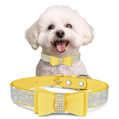 Kristall-Hundehalsband mit Fliege, weiches Welpenhalsband für extra kleine, kleine, mittelgroße Hunde (Gelb, M) von BONAWEN