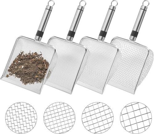 BONJUME Gartensiebschaufel, 4 Stück Gartensieb aus Edelstahl Kompostsieb mit Griff Gartensieb Erde Gartengeräte Siebe für Garten Erde Kompost und Blumenerde mit 2/2.8/3.8/5mm Masche von BONJUME