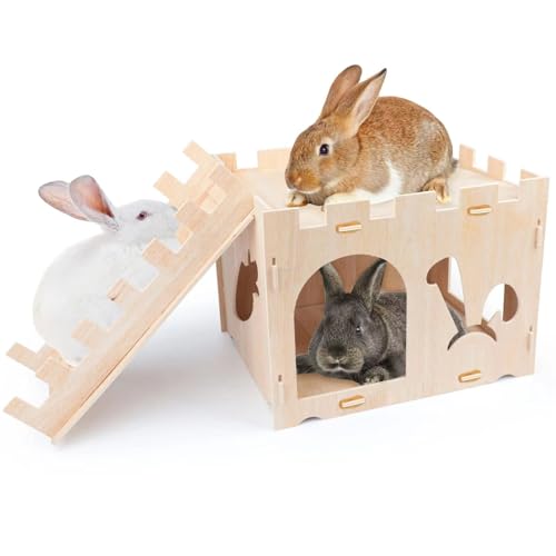 GroßE Kaninchenhaus, 42x35x34cm Hasenhaus Natural Hölzerne Kaninchen Burg Abnehmbar Kaninchenschloss Kleintier Versteck Kleintierhaus Hamster Haus für Kaninchen Meerschweinchen Chinchilla Lebensraum von BONJUME