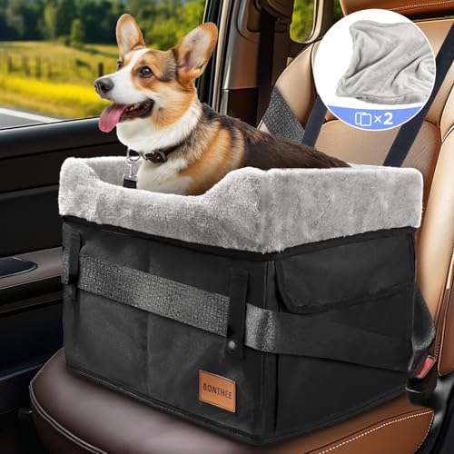 Hunde Autositz für Kleine Hunde,Tragbarer Hunde Booster Autositz für Vorder- und Rücksitze mit Clip-on-Sicherheitsleine. Verstellbare Gurte, waschbar und perfekt für Haustiere bis zu 14 kg(Schwarz) von BONTHEE