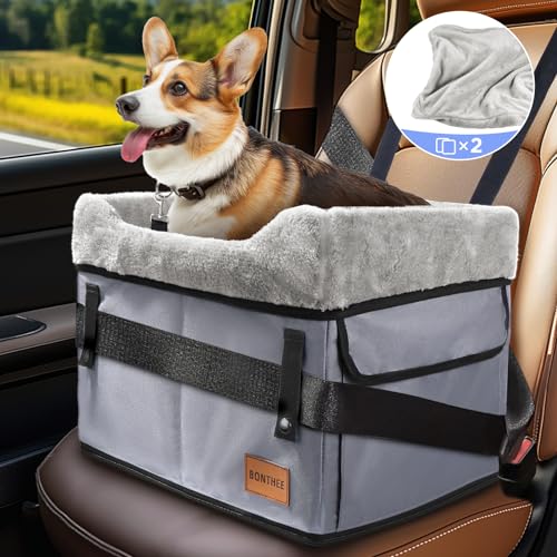 Hunde Autositz für Kleine Hunde,Tragbarer Hunde Booster Autositz für Vorder- und Rücksitze mit Clip-on-Sicherheitsleine. Verstellbare Gurte, waschbar und perfekt für Haustiere bis zu 14 kg(Grau) von BONTHEE
