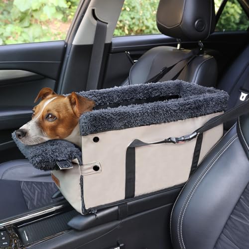 Mittelkonsole Hundeautositz für kleine Hunde, PU-Leder, Autositzerhöhung, waschbar, faltbar, Welpenautositz mit sicheren Schutzhaken, verstellbaren Gurten und Aufbewahrungstasche, Haustier bis zu 9 kg von BONTHEE