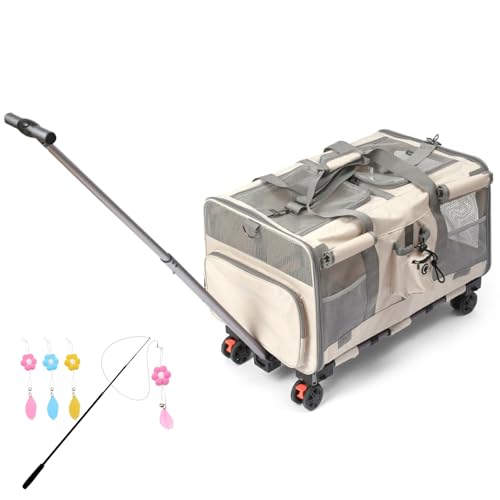 BOODPET Tragbarer Transportwagen für Haustiere mit Rollen, faltbar, Fluggesellschaftsgröße für Katzen und Hunde bis zu 20 kg (60 × 40 × 45 cm), 2-in-1 abnehmbare Fächer, cremeweiß + gratis von BOODPET