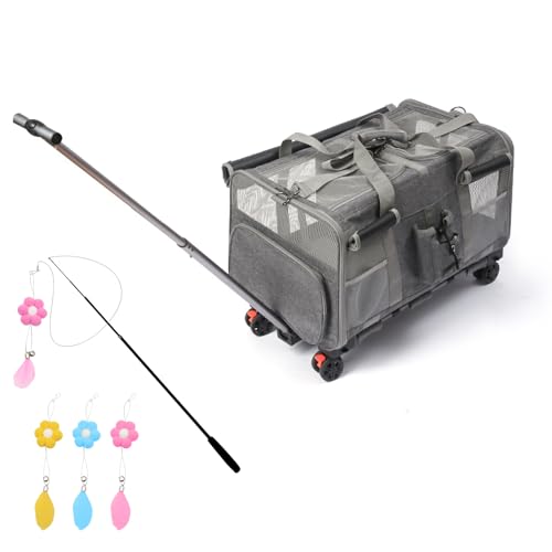 Tragbarer Transportwagen für Haustiere mit Rollen, faltbar, Fluggesellschaftsgröße für Katzen und Hunde bis zu 20 kg (60 × 40 × 45 cm), 2-in-1 abnehmbare Fächer, Grau + gratis Katzenspielzeug und von BOODPET