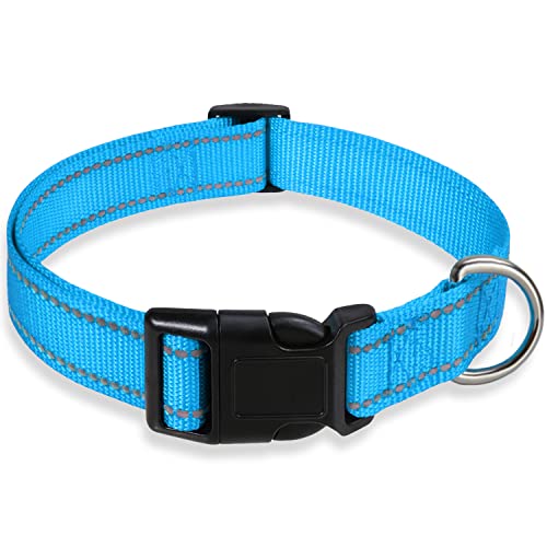 Reflektierendes Hundehalsband mit Schnalle, verstellbare Sicherheits-Nylon-Halsbänder für kleine, mittelgroße und große Hunde, Blau M von BOOMIBOO
