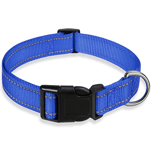 Reflektierendes Hundehalsband mit Schnalle, verstellbare Sicherheits-Nylon-Halsbänder für kleine, mittelgroße und große Hunde, Marineblau, L von BOOMIBOO