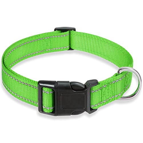 Reflektierendes Hundehalsband mit Schnalle, verstellbare Sicherheits-Nylon-Halsbänder für kleine, mittelgroße und große Hunde, grasgrün, S von BOOMIBOO