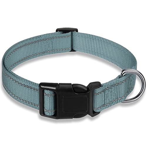 Reflektierendes Hundehalsband mit Schnalle Verstellbare Sicherheits-Nylon-Halsbänder für kleine, mittelgroße und große Hunde, Grau L von BOOMIBOO