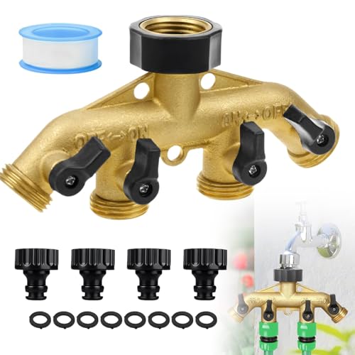 BORDEAG 4-Wege-Verteiler Aus Messing, 3/4 Zoll Wasserhahn Verteiler Mit 4 Absperrventilen, Gartenschlauch Adapter, Wasserdurchfluss Regulierbar Und Sperrbar, Ideal Für Gartenbewässerung von BORDEAG