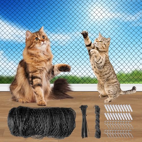 BORDEAG Katzennetz für Balkon Ohne Bohren, Katzennetz Drahtverstärkt, Katzen Netz Schwarz, Katzenschutznetz mit Befestigungsseil und Zubehör, Balkonnetz für Katzen, Fenster, Terrassen, Gärten (4x3M) von BORDEAG