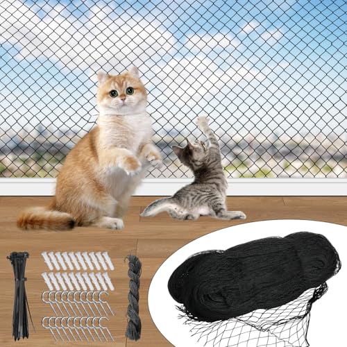 BORDEAG Katzennetz für Balkon Ohne Bohren, Katzennetz Drahtverstärkt, Katzen Netz Schwarz, Katzenschutznetz mit Befestigungsseil und Zubehör, Balkonnetz für Katzen, Fenster, Terrassen, Gärten (6x3M) von BORDEAG