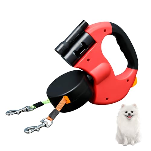 Doppelte Einziehbare Hundeleine, 3 M Hundeleine Doppelleine, Automatische Hund Versenkbar Leine, Rollleine Hundeleine mit LED Licht, Doppelköpfe Hundeleine für Katzen Kleine Hunde (Rot) von BORDEAG