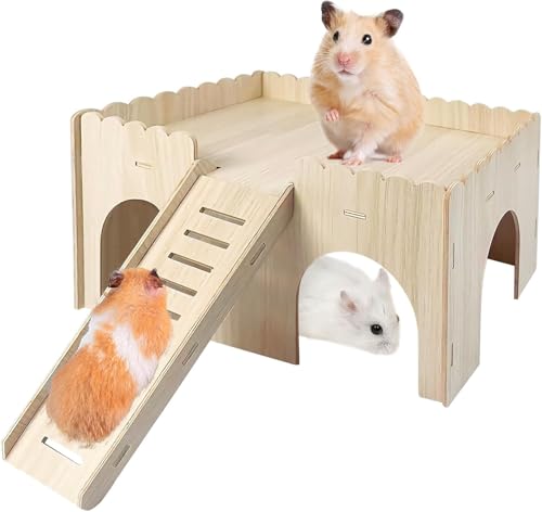 Groß Meerschweinchen Haus - Holz Hamsterhaus Mit Leiter, 2 Etagen Versteck für Kleine Haustiere Zwerghamster, 38 x 25 x 18 cm von BORDEAG
