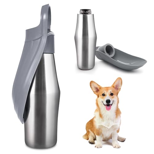 Hundetrinkflasche Für Hund, 750ml Edelstahl Trinkflasche Hunde, 180°Faltbar Hundetrinkflasche, Tragbare Wasserflasche für Hunde, Edelstahl Hundetrinkflasche Für Spazieren, Parks, Camping (Grau, A) von BORDEAG