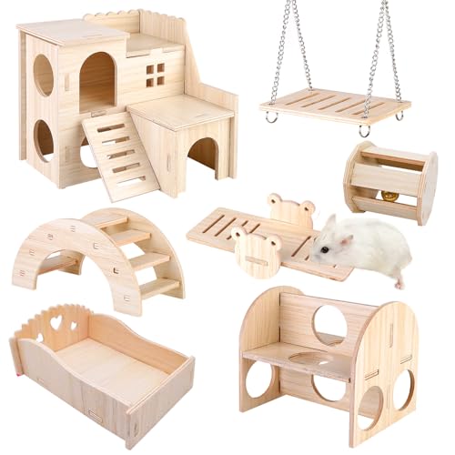Spielzeug für Hamster aus Holz, 7 Stück DIY Hamster Spielzeug, Hamster Kauspielzeug, Hamster Versteck Haus Brücke Wippe Schaukel Trainingspielzeug, Hamster Zubehör für Den Käfig für Rennmäuse Ratten von BORDEAG