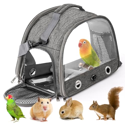 Vogel-Tragetasche mit Stehstange und Edelstahl-Tablett,Tragbarer Vogelkäfig,Haustier-Reisetasche für Papageien,Rucksack für Vögel mit Holzstab Kleine Haustier-Tragetasche,Vogel Transportbox (Gray) von BORDEAG