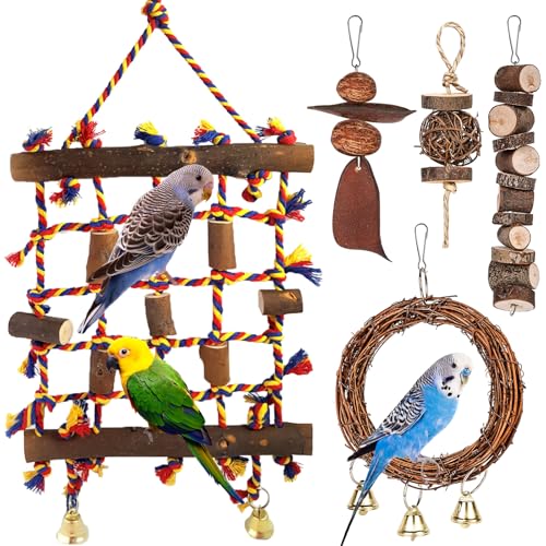 Vogelspielzeug, Papageienspielzeug, Vogel Seil Kletternetz mit 4 Papagei Kauspielzeug, Kletterspielzeug für Vögel, Sitzstangen für Vögel, Vogelkäfig Zubehör für Finken Wellensittich Liebesvögel Vogelspielzeug, Papageienspielzeug, Vogel Seil Kletternetz mit 4 Papagei Kauspielzeug, Kletterspielzeug für Vögel, Sitzstangen für Vögel, Vogelkäfig Zubehör für Finken Wellensittich Liebesvögel von BORDEAG
