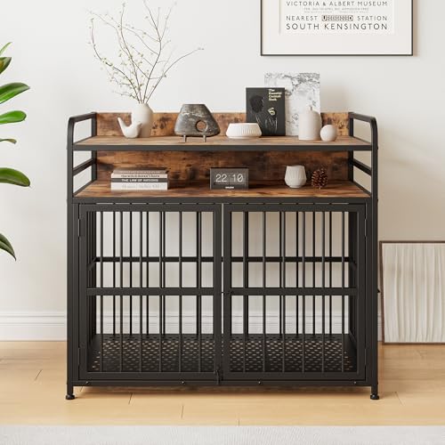BORPHOM Hundekäfig aus Holz mit Schublade, 102 cm, große Hundehütte für den Innenbereich, robuster Hundekäfig für große Hunde, Hundehütte, zusammenklappbare 2-Tür-Kiste, Beistelltisch, rustikales BORPHOM Hundekäfig aus Holz mit Schublade, 102 cm, große Hundehütte für den Innenbereich, robuster Hundekäfig für große Hunde, Hundehütte, zusammenklappbare 2-Tür-Kiste, Beistelltisch, rustikales von BORPHOM