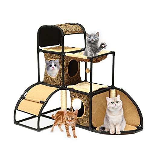 BORUIMA Katzenhäuser für große Katzen Super stabile Katzenmöbel mit Kratzstämmen Hängematte Katzendschungel mit extra dickem Kunststoffrohr und bequemem Flanell, gemütliche Sitzstangen (Leopard) von BORUIMA