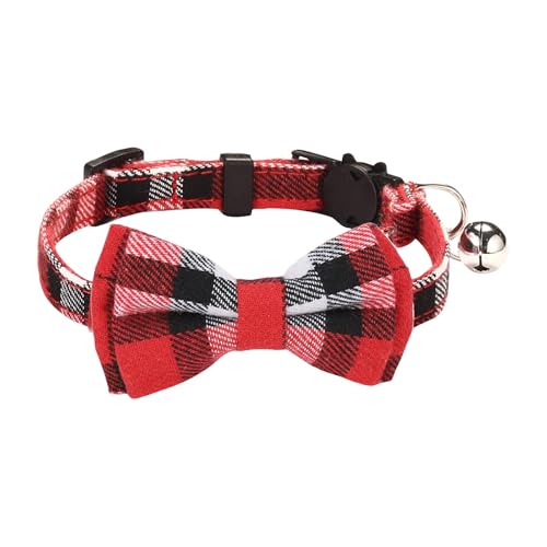 BOSSETY Halsband Hund 18–28 cm Verstellbar, Katzen Halsbänder, Haustier Halsband Mit Fliege und Glocke, kariert, weich und langlebig, süßes Sicherheitshalsband (Rot) von BOSSETY
