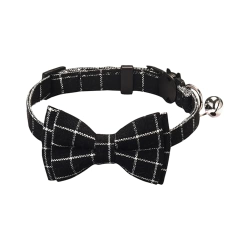 BOSSETY Halsband Hund 18–28 cm Verstellbar, Katzen Halsbänder, Haustier Halsband Mit Fliege und Glocke, kariert, weich und langlebig, süßes Sicherheitshalsband (Schwarz) von BOSSETY