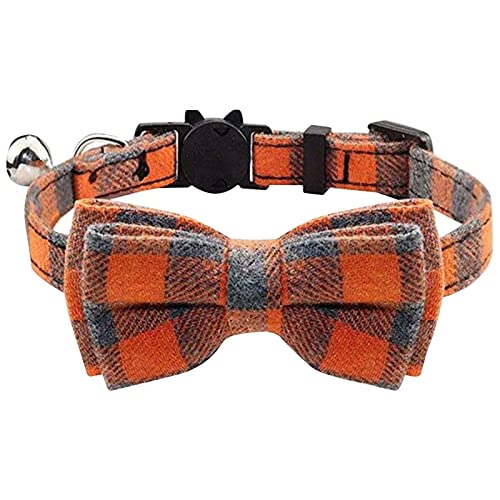 BOSSETY Halsband Hund 28cm Verstellbar, Katzen Halsbänder, Hundehalsband mit Blume und Glöckchen, kariert, weich und langlebig, süßes Sicherheitshalsband (Orange) von BOSSETY