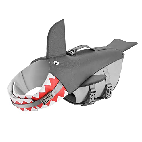 Hunde Schwimmweste: Haifisch Hunde schwimmweste, wasserdichtem Schwimmhilfe Hundelebensretter Mit Griff und Reflektoren für Haustier Schwimmen Rafting Boot Fahren Surfen Training Gewässern (Grey XL) von BOTEWO