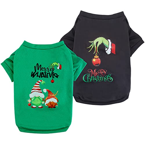 Hunde-Weihnachts-Shirts – lustiger Zwerg bedruckt Hunde-T-Shirt Welpenkleidung für kleine Hunde (XS, grün + schwarz) von BOTEWO