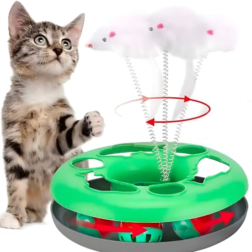 BOUMOUR® Interaktives Katzenspielzeug 2-in-1 Spielzeug mit Maus，Katzen Rotierende Teaser Feder und Ball (Grün) von BOUMOUR