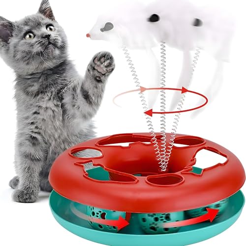 BOUMOUR® Interaktives Katzenspielzeug 2-in-1 Spielzeug mit Maus，Katzen Rotierende Teaser Feder und Ball (Rot) von BOUMOUR