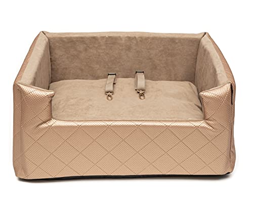 BOUTIQUE ZOO Exclusive Hunde Autositz | Autositz für Hunde, Katzen, Haustier | Rückbank, Beifahrersitz | Hundebett, Hundetasche | Kunstleder | Farbe: Metallic Gold | Große: L (57x50 cm) von BOUTIQUE ZOO