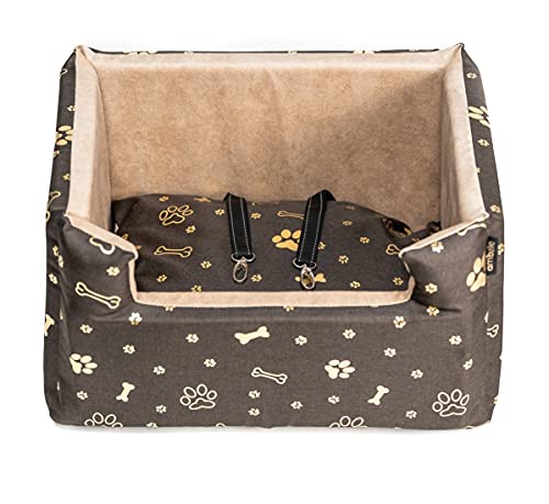 BOUTIQUE ZOO Hunde Autositz | Autositz für Hunde, Katzen, Haustier | Rückbank, Beifahrersitz | Hundebett, Hundetasche | Polyester, Wildlederimitat | Farbe: Braun, Gold | Große: M (47x40 cm) von BOUTIQUE ZOO